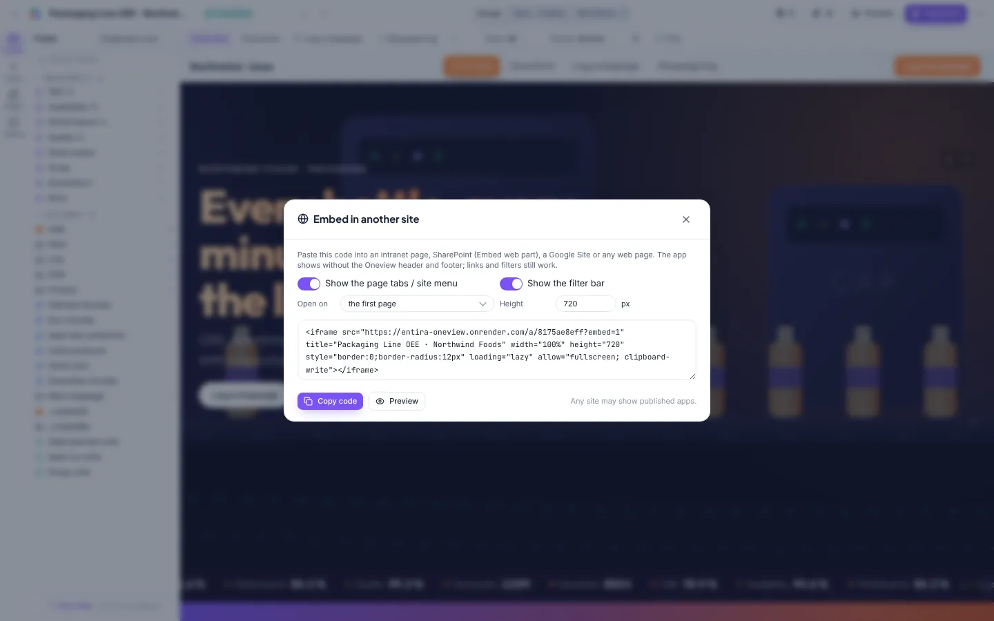 Embed dialog with iframe code and options