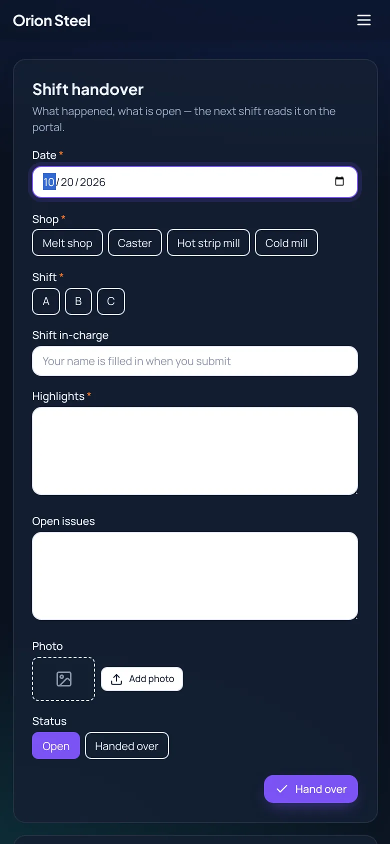 Shift handover form on a phone
